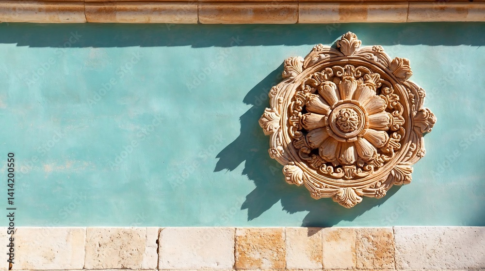 Aufkleber a detailed view features a teal wall with a decorative circular stone emblem projecting a shadow in 