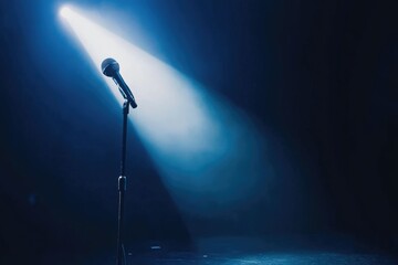 A single microphone on a stand illuminated by a spotlight in a dark room, ready for a performance.