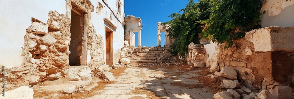 Poster Panoramic view of a sunlit ancient stone structure with weathered facades and crumbling architecture under clear blue skies and lush green foliage. The composition creates a sense of time travel