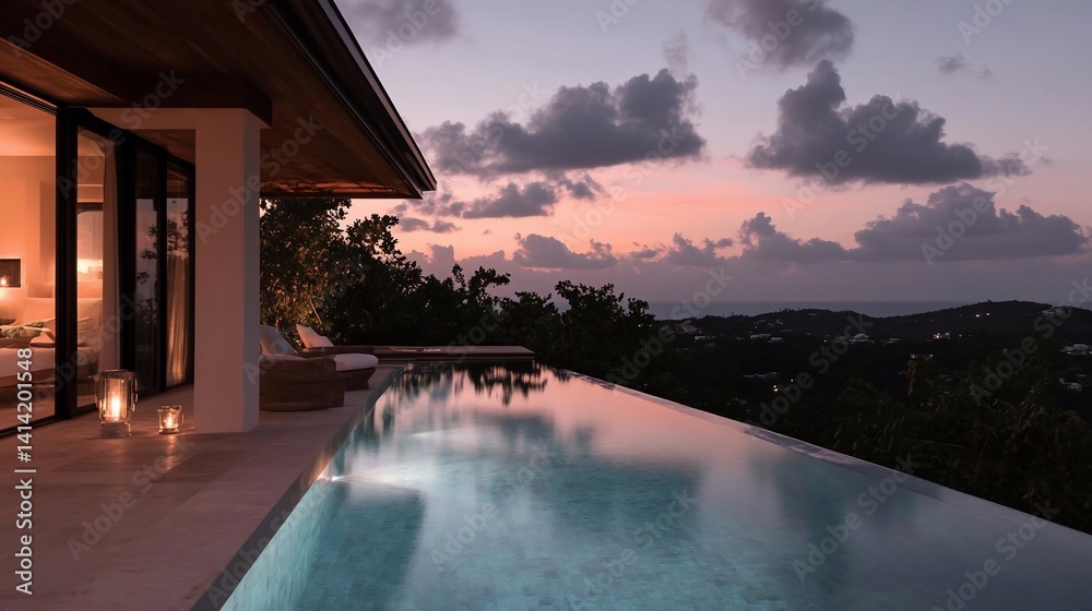 Aufkleber tranquil twilight scene featuring an infinity pool overlooking a serene landscape with a dusky sky a