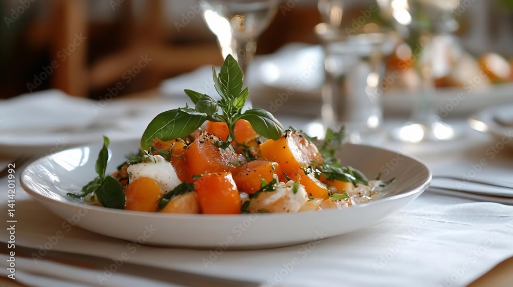 Poster A close-up of a fresh colorful salad on a white plate with tomatoes mozzarella and basil on a restaurant table setting with soft lighting