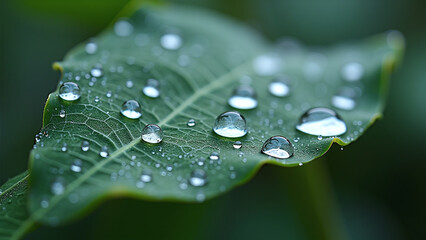 Green Leaf with Water Droplets Close-up