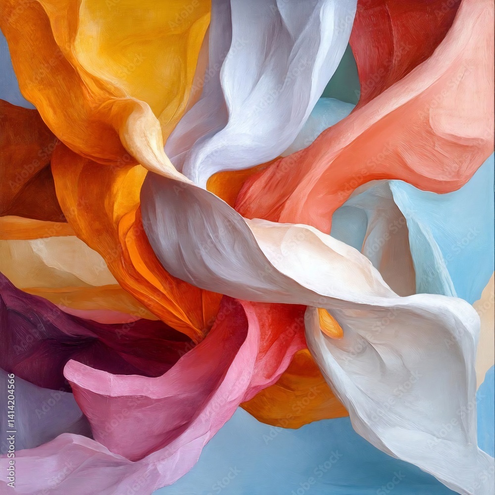 Poster Abstract composition of swirling fabric in warm hues. Colorful cloth elements with flowing lines and textures against a blue background. Painted style artistic expression with fluid movement