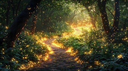 Obraz premium Enchanted forest pathway surrounded by glowing magical creatures and lush greenery for adventure