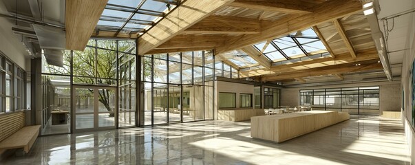 Green-certified school design using modular timber structures, rainwater catchment roofs, and skylight-enhanced classrooms to foster eco-education