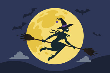 Witch Flying Across the Night Sky Vector