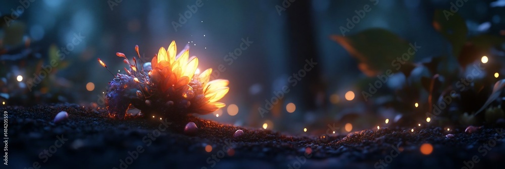 Aufkleber An abstract image featuring a glowing object emitting light on the forest floor surrounded by nature elements creating a magical ethereal atmosphere