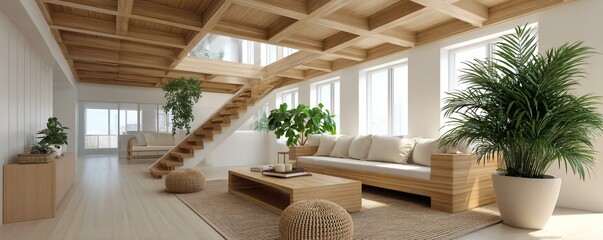 Wood-dominant interior with reclaimed beams, natural fiber wall panels, and a sunlit atrium that promotes air circulation and visual calm