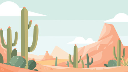 Desert landscape with cacti and mountains under clear sky flat vector illustration © Lion