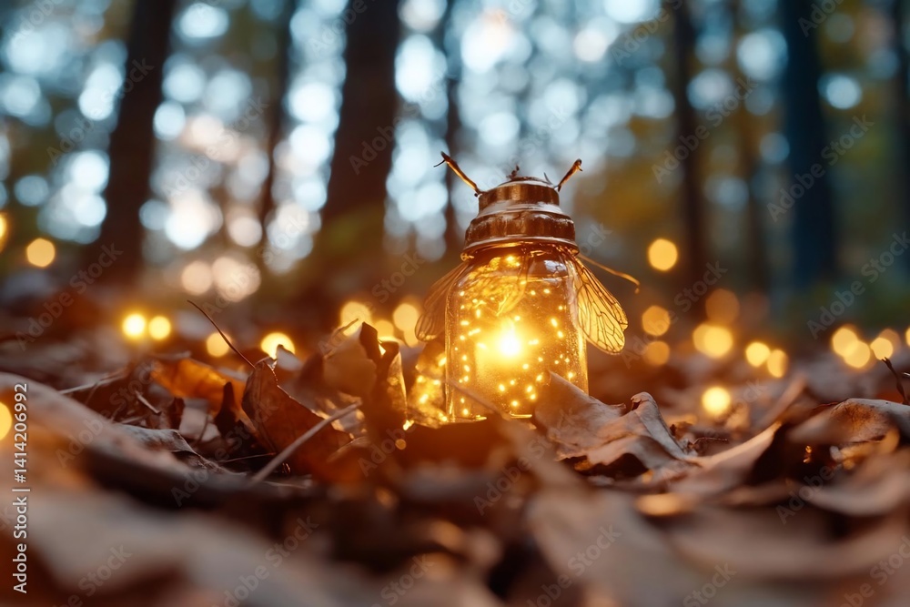 Poster A glowing insect-shaped lantern amidst fallen leaves in a forest setting creating a magical atmosphere with bokeh lights in the background