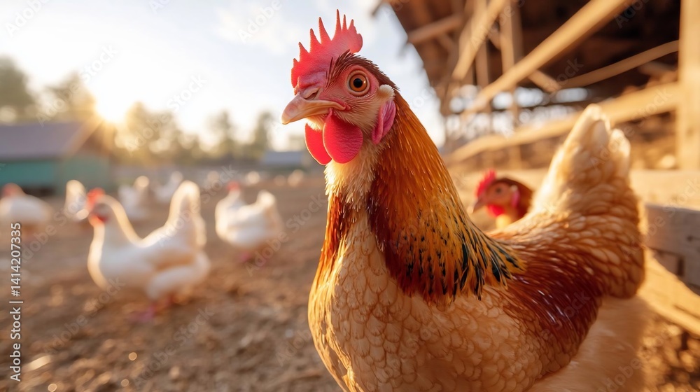 Poster close-up of a rooster with detailed feathers in warm sunlight. other chickens and a wooden structure