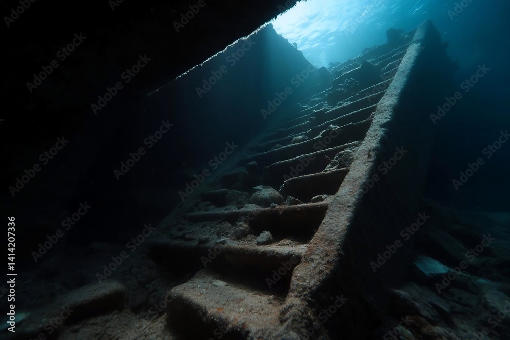 Poster Sunken staircase underwater with light rays filtering through the surface. A dark underwater scene with the steps of a staircase casting shadows in the depths