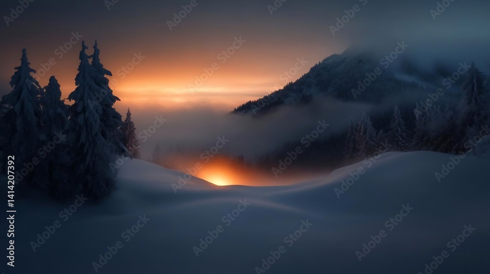 Aufkleber snowy landscape at sunset with a bright orange sky and snow-covered trees creating a serene winter s