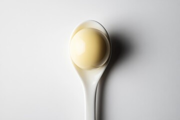 A single, pale yellow sphere rests gently in a pristine white spoon against a minimalist white background.