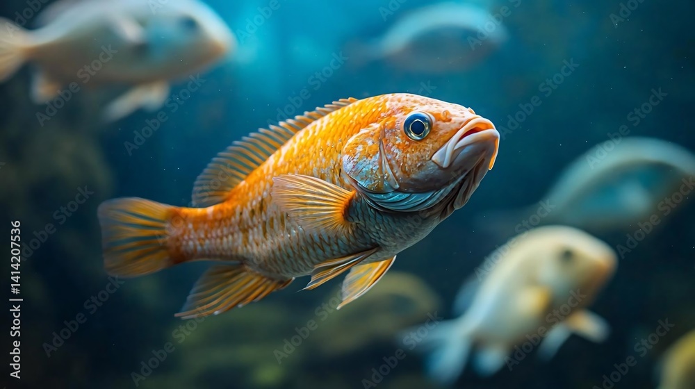 Poster a close-up view of an orange fish with blue eyes swimming underwater with several other fish in the 