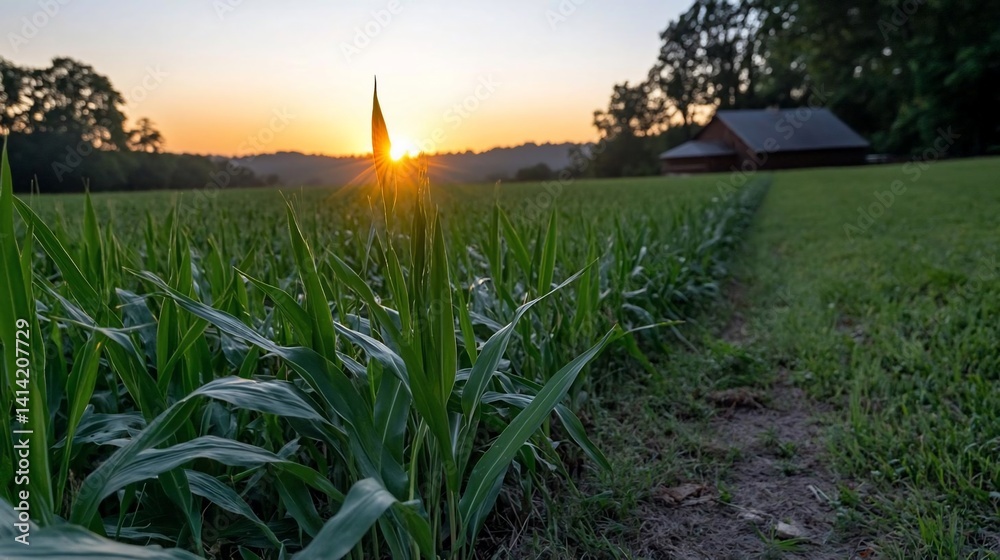 Aufkleber sunrise over corn field with a small cabin in the background and dewdrops on the corn. golden light 