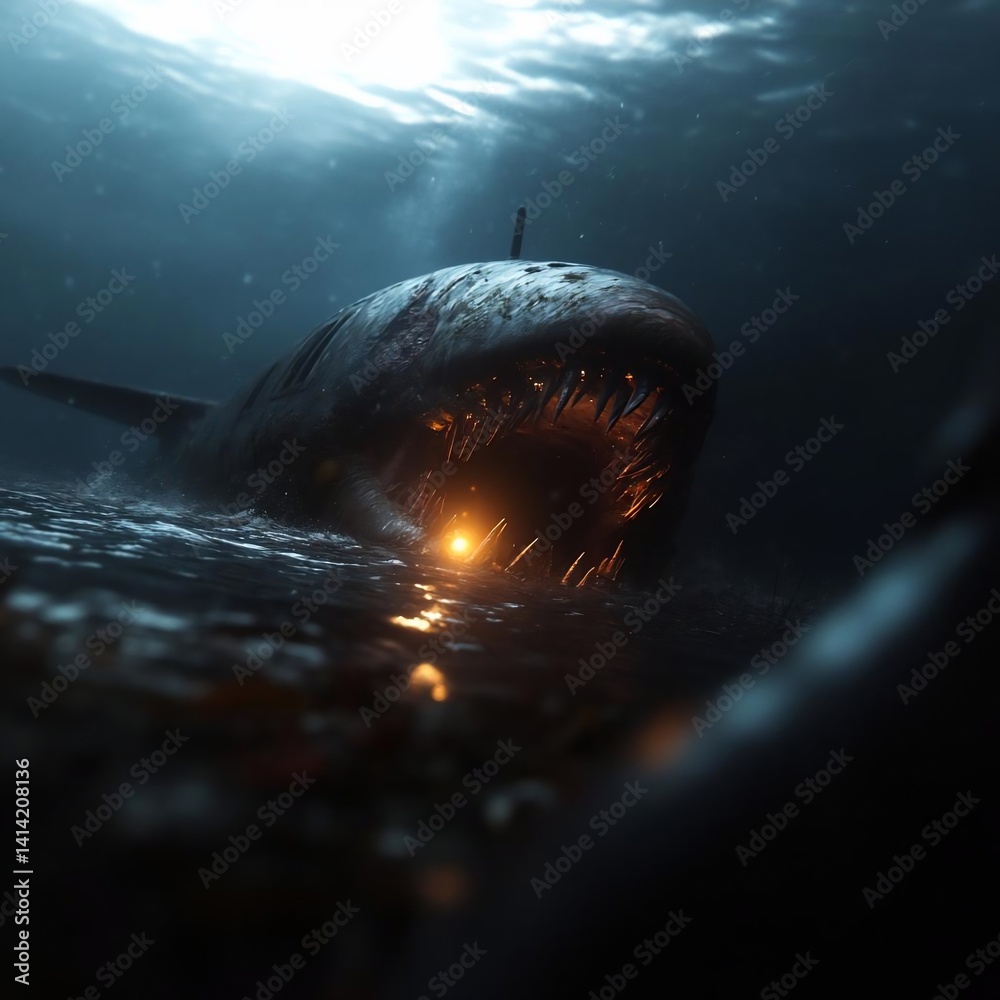 Poster dramatic underwater scene depicting a large shark illuminated by internal light sources amidst turbu