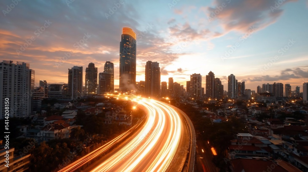 Aufkleber Cityscape at sunset features illuminated skyscrapers against a vibrant sky with streaks of light from passing vehicles creating dynamic trails through the urban landscape with colorful gradient