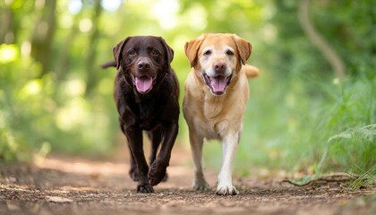 Two happy dogs walking side by side on a sunny day in a lush green setting.