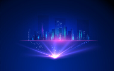 Vector abstract tech city skyline with skyscrapers in glowing purple blue color.