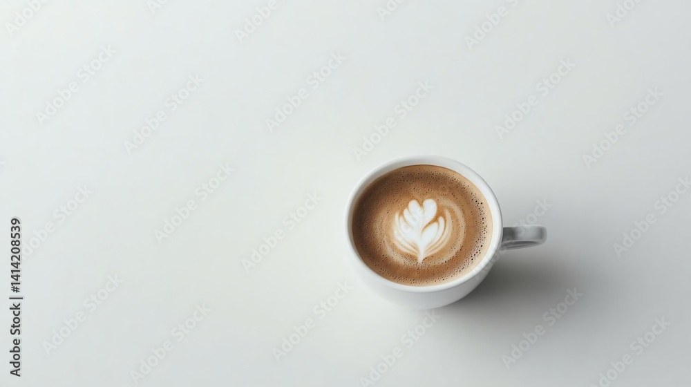 Poster Overhead view of a latte art in a white coffee cup on a light background. Features a delicate floral design with creamy texture. Simple setup with clean lines and soft lighting