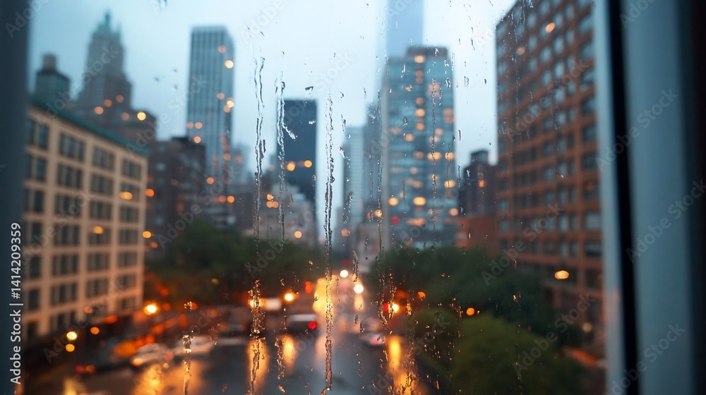 Aufkleber Cityscape view through rain-streaked window reflecting streetlights. Urban environment with buildings and trees illuminated by artificial light. Soft focus and moody atmosphere