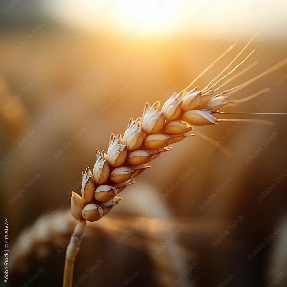 Aufkleber close-up view of golden wheat ear illuminated by warm sunlight in a field, highlighting the texture 