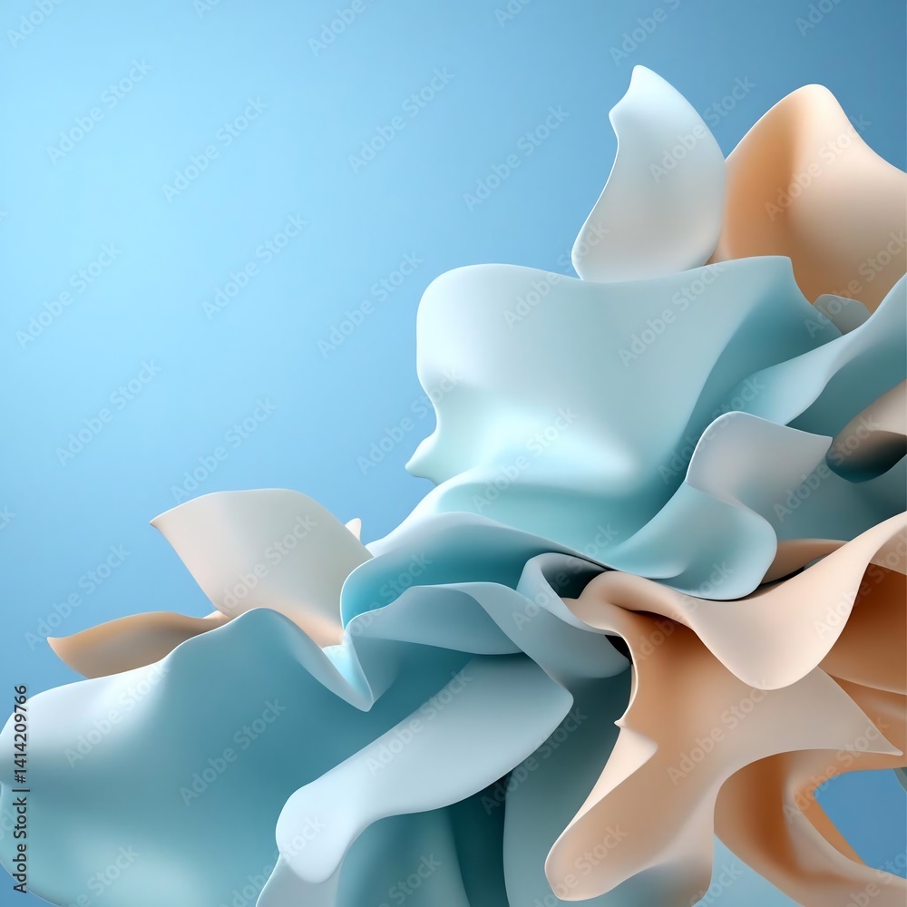 Poster Abstract 3D render featuring flowing fabric elements in pastel colors against a gradient blue background