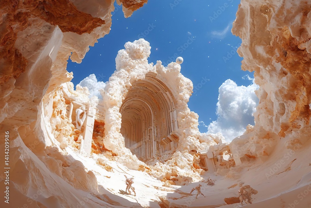 Poster Abstract digital artwork featuring a cavernous structure with detailed textured walls and an open view to a bright blue sky with fluffy white clouds. The color palette is warm with tones of beige and
