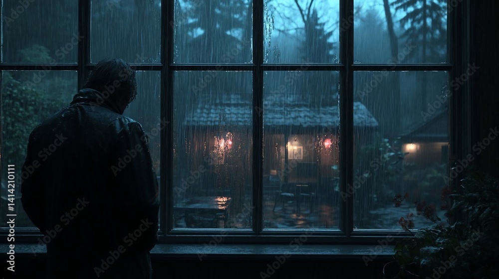 Poster Silhouette of a person standing by a window watching a rainstorm with a house visible outside. The scene is moody with a focus on weather and solitude