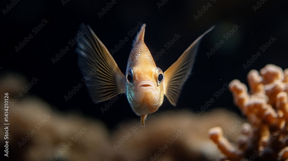 Poster Close-up of a golden fish with detailed scales and fins against a dark background. The fish is centered and facing forward with coral at the bottom right