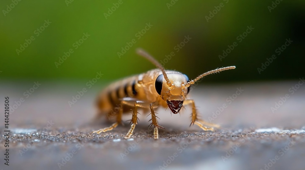 Aufkleber Macro shot of an insect with intricate details featuring a blend of orange and black stripes. The blurred green background contrasts with the sharp focus on the bug on a textured surface