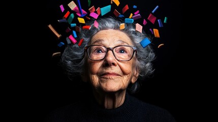 Elderly woman with gray hair and glasses gazes upward as colorful book shapes float above her head, symbolizing knowledge and creativity