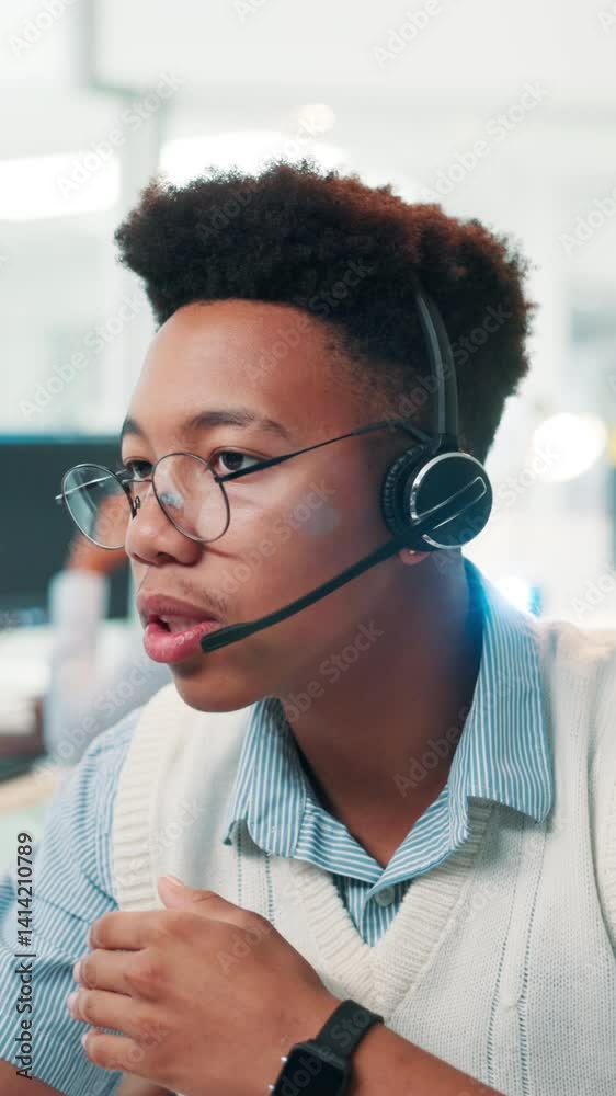 Poster office, businessman and helping with headset for call center, consulting and agent for customer serv