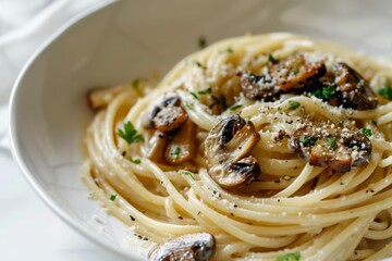Mushroom spaghetti in white bowl, soft natural light. AI image