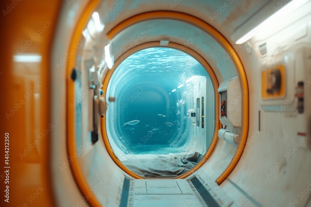 Poster tunnel underwater view with yellow and white interior walls and a perspective that leads to the dept