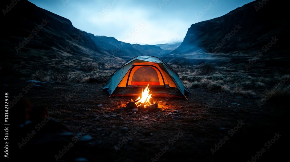 Poster camping tent illuminated by firelight nestled within a mountain valley at dusk. dark surrounding cli