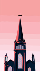 Fototapeta premium Gothic church silhouette against pink sky with cross on steeple flat vector illustration