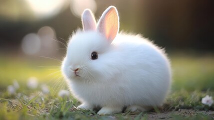 Fototapeta premium Fluffy white baby bunny in sunlit meadow