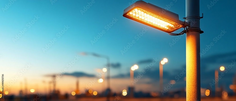 Poster an industrial setting evening scene showcases a bright orange illuminated lamp post against a gradie