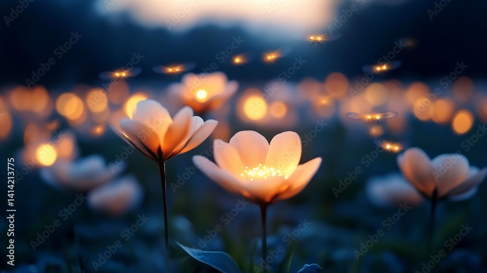 Aufkleber Glowing ethereal flowers illuminated by soft light against a dark background with magical bokeh effect and flying fireflies creating a dreamy atmosphere