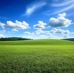 Fototapeta premium Green grassy field under blue sky with white fluffy clouds, natural landscape background with summer meadow and open space for environment, nature, or travel themes