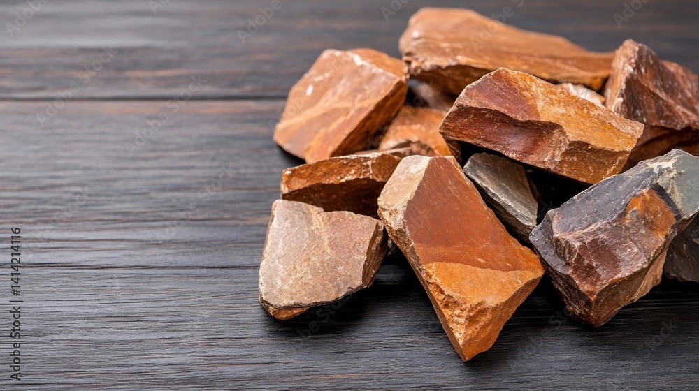 Poster pile of raw rough rocks in various shades of brown and gray set on a dark wooden surface with natura