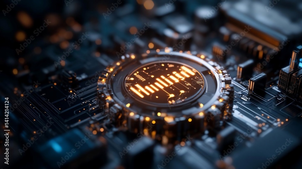 Aufkleber Close-up of a circuit board with a glowing central processing unit CPU in shades of blue and orange. The intricate design has shallow depth of field and bokeh effect