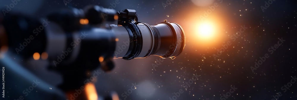 Poster A detailed shot of a telescope pointing towards a bright light source simulating stars and galaxies in space using an artistic rendering. Dark blue background with bokeh effects
