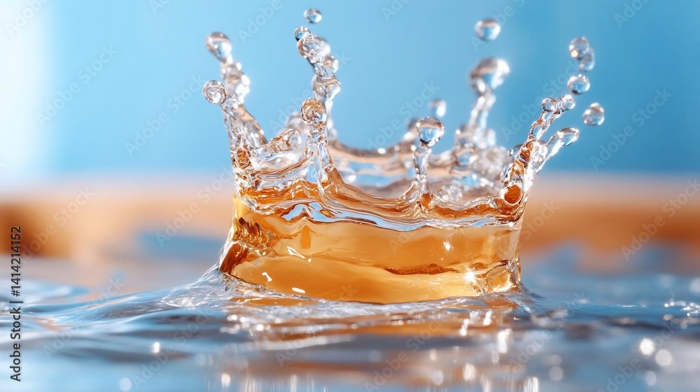 Poster Water splash crown shaped water droplets macro shot with golden orange background and blue gradient backdrop, creating a dynamic abstract composition