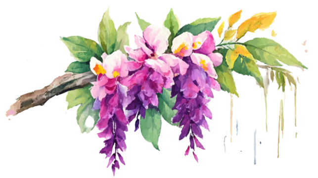 Beautiful Watercolor Painting of Cascading Wisteria Flowers with a Purple Floral Garland on a Transparent Background