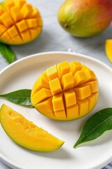 there is a mango cut in half on a plate with leaves