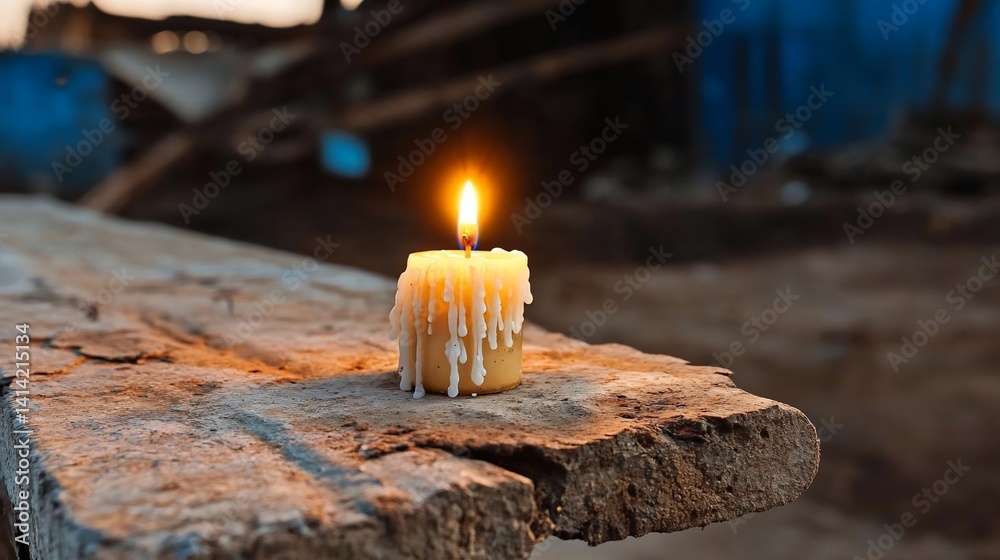 Poster a lit candle on a weathered wooden surface emits warm light creating a tranquil atmosphere. the cand