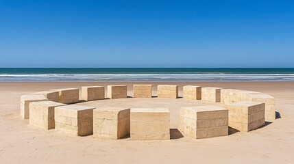 An expansive beach scene featuring a circular stone arrangement surrounded by ocean waves and a clear blue sky